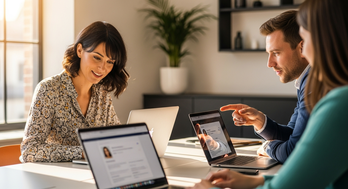 Équipe de modération humaine analysant des profils vérifiés dans un environnement professionnel et chaleureux.