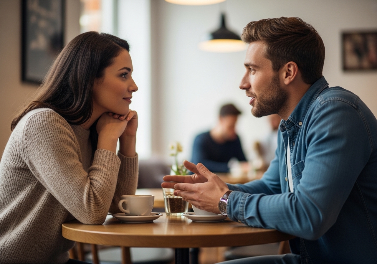 Conversation avec attention mutuelle lors d’un rendez-vous au café