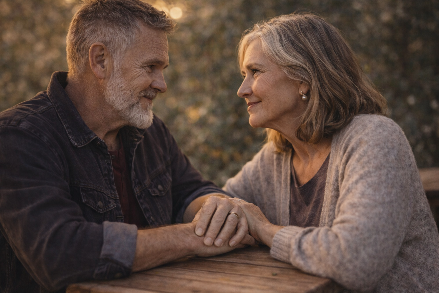 Couple célébrant 30 ans de mariage échangeant un regard amoureux et complice