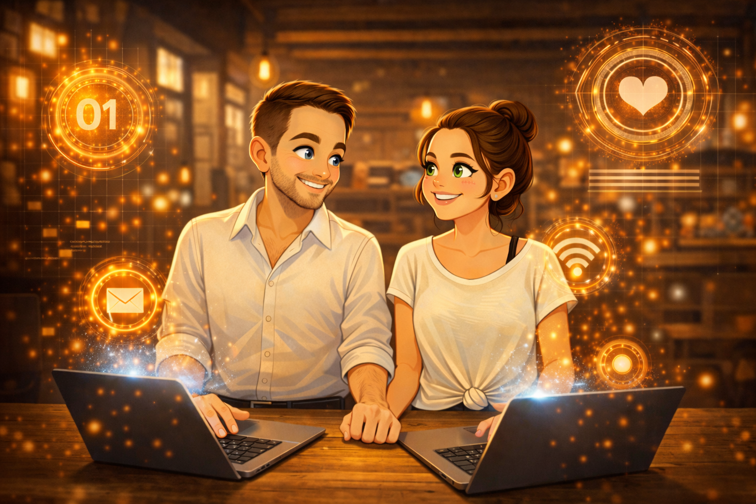 Pascal et Marie-Claude travaillant ensemble sur leurs ordinateurs, représentant la création et le développement de leur site de rencontre.