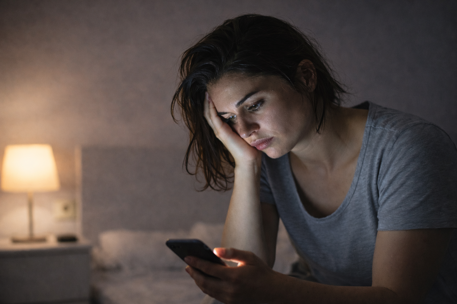 Femme fatiguée émotionnellement regardant son téléphone, symbole de l’usure liée à une relation incertaine