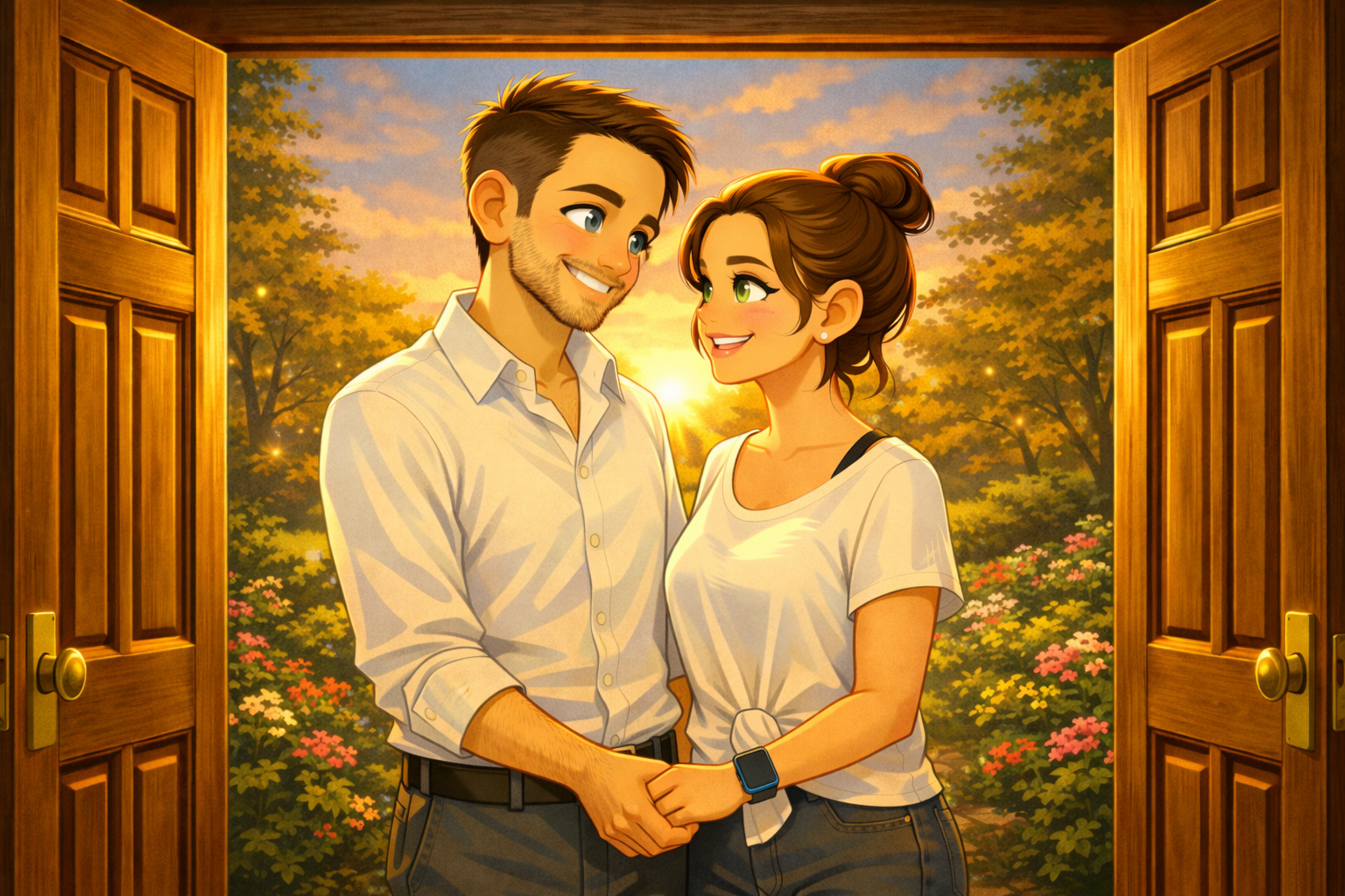 Pascal et Marie-Claude se tenant la main à l’entrée d’une maison, illustrant l’engagement et la construction d’une vie à deux.