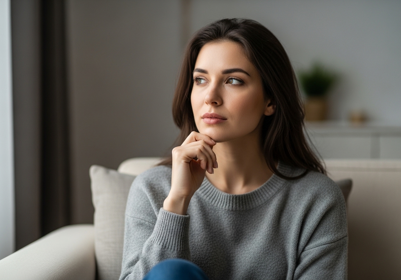 Femme pensive hésitant sur une attirance réciproque