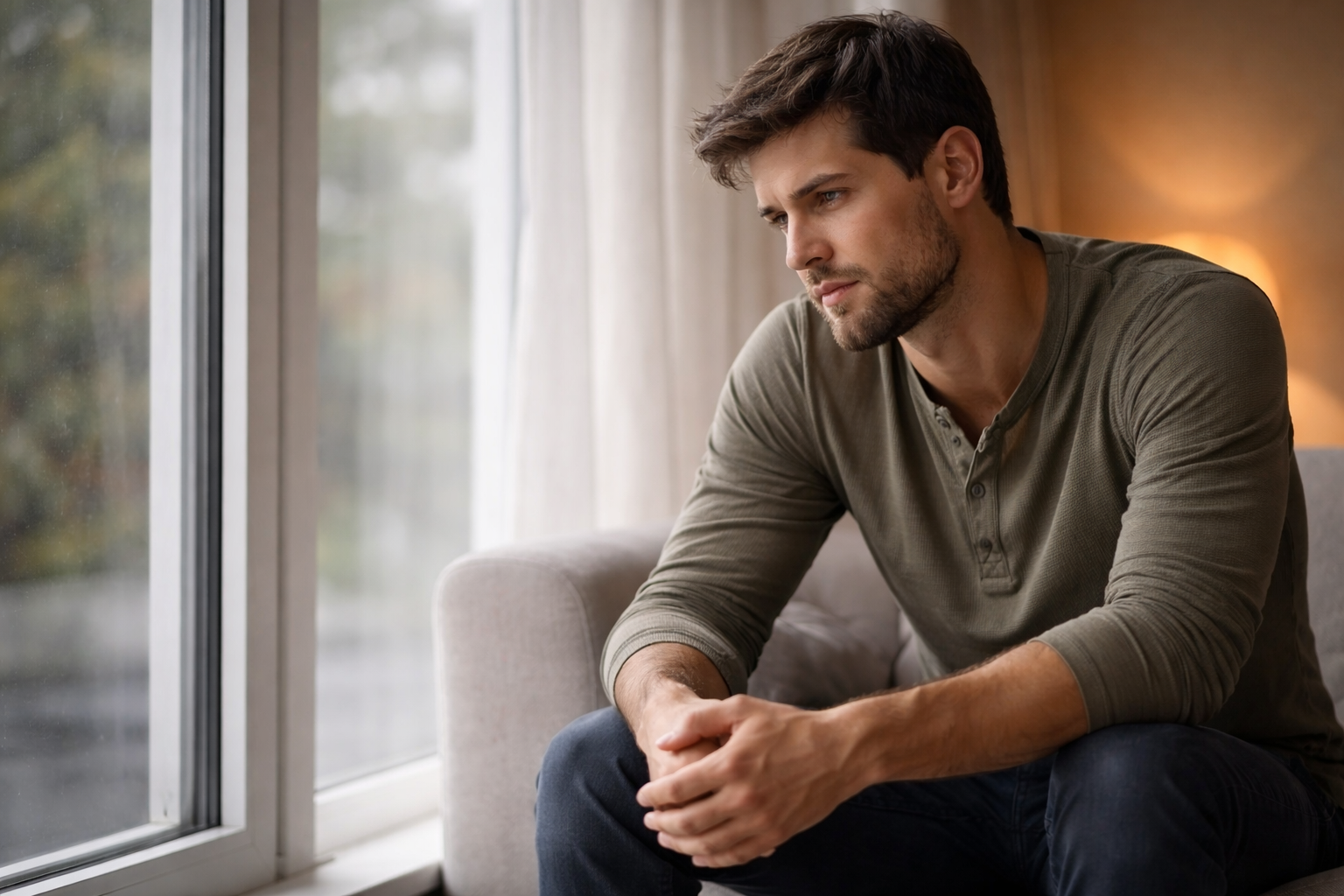 Homme pensif illustrant un conflit intérieur et une distance émotionnelle.