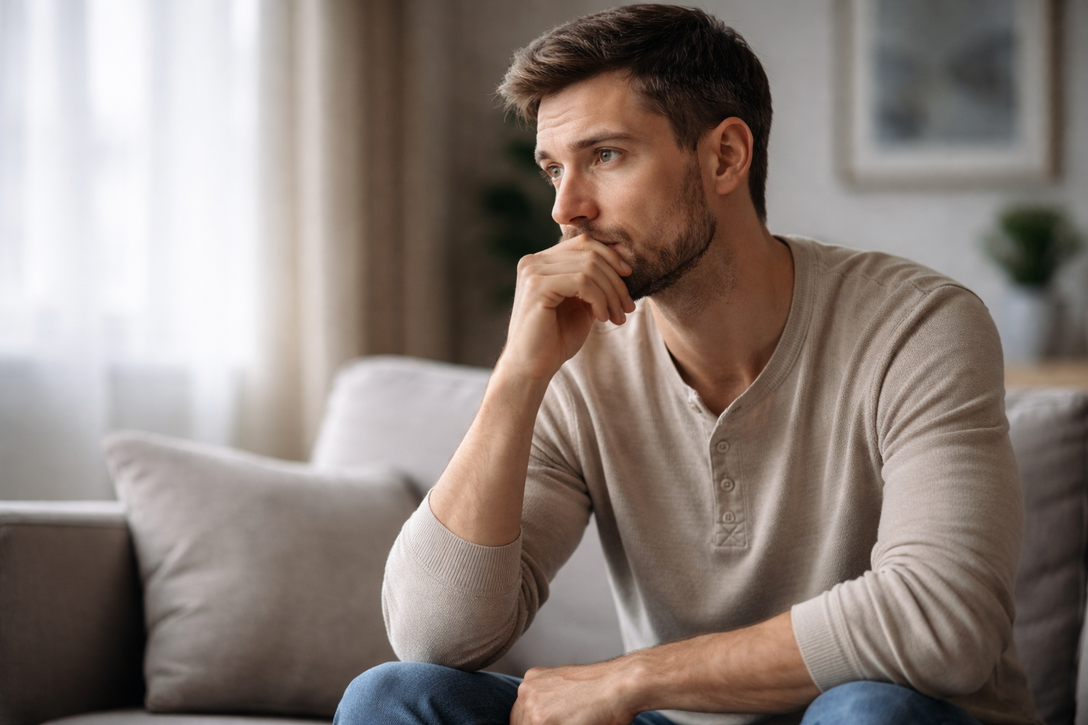 Homme pensif illustrant la distance émotionnelle en début de relation