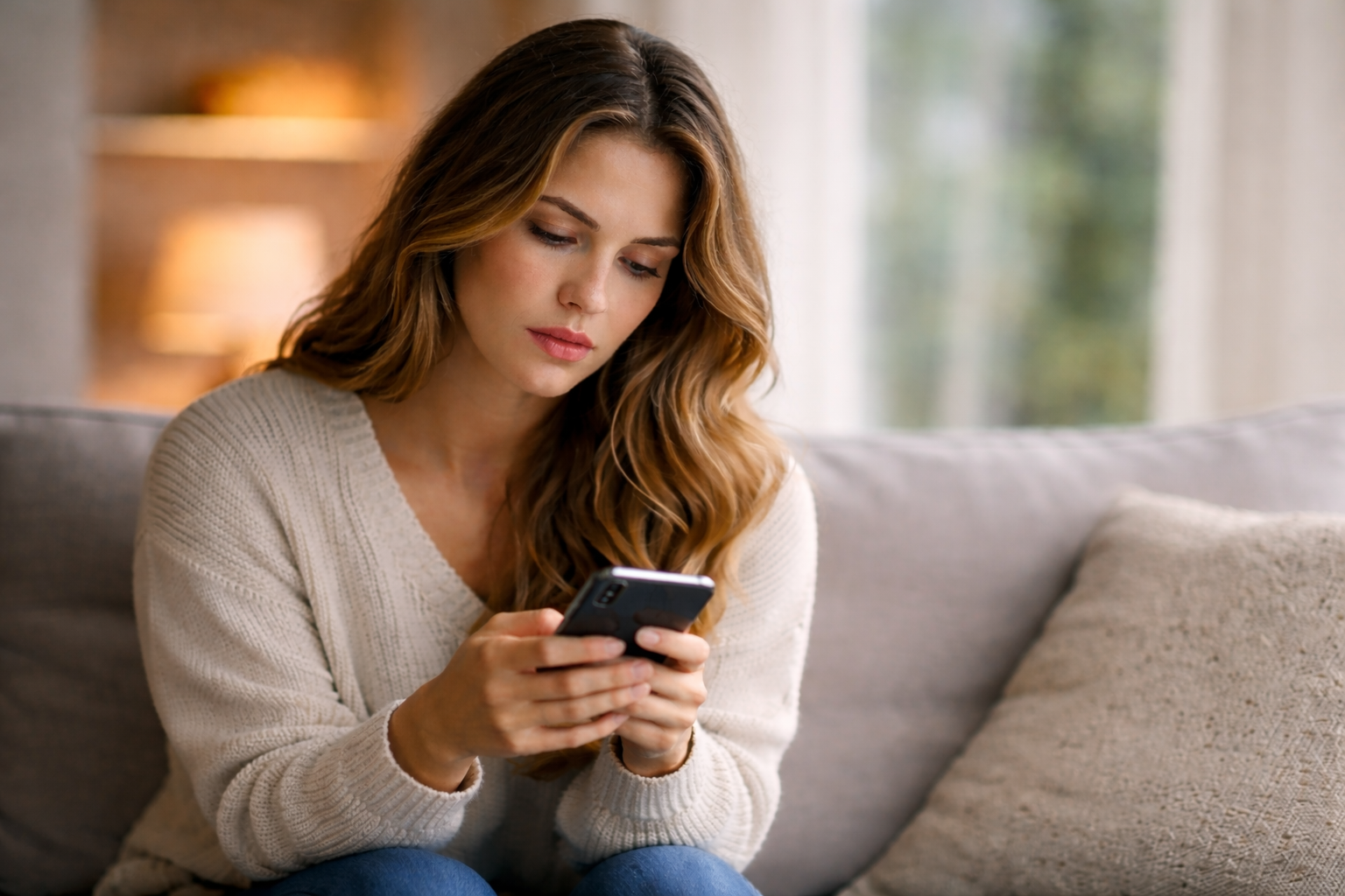 Femme pensive face au silence et à la distance émotionnelle d’un homme en amour