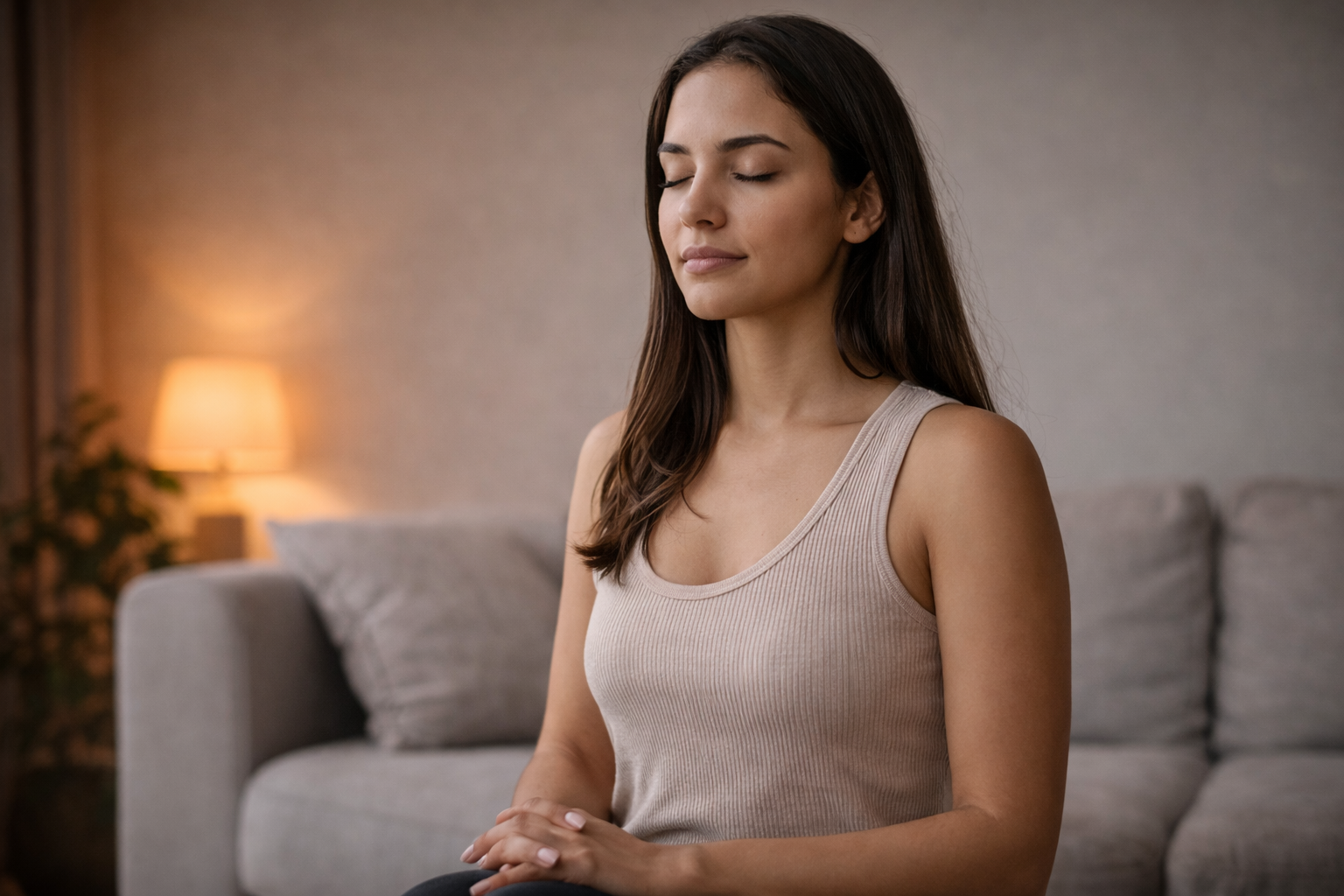 Femme calme illustrant le recul émotionnel et une réaction plus juste en amour.