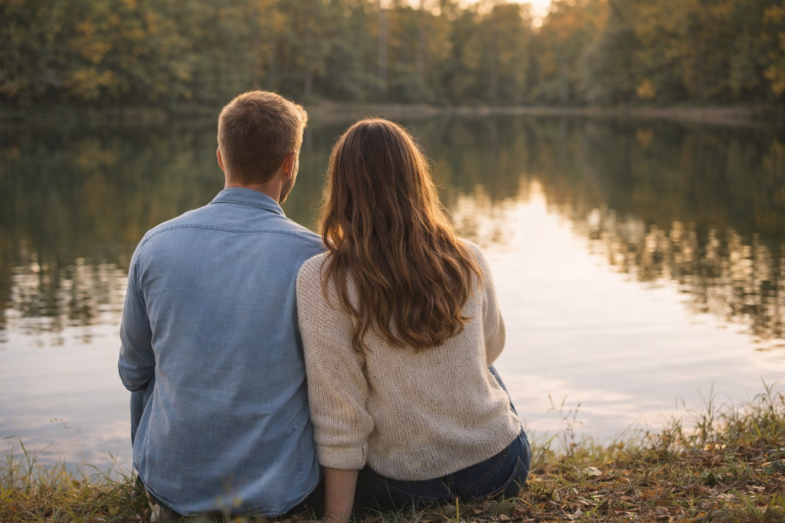 Homme et femme assis côte à côte au bord d’un lac, relation amoureuse en construction