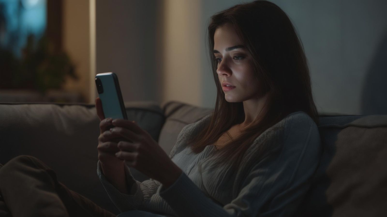 Femme regardant son téléphone en soirée, illustrant l’attente et l’incertitude dans une relation amoureuse
