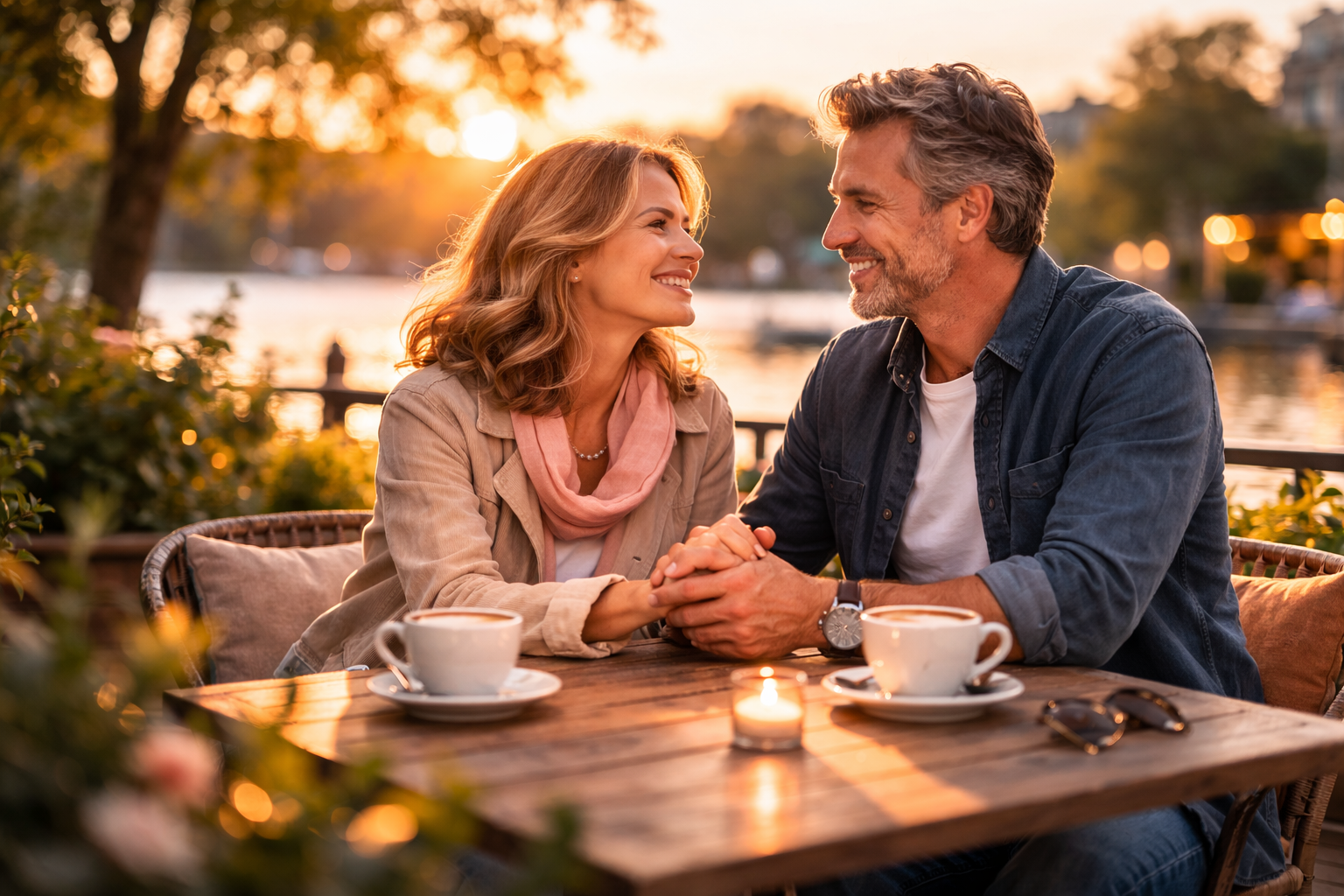 Couple mature partageant un moment de confiance dans un environnement sécurisé de rencontre en ligne.