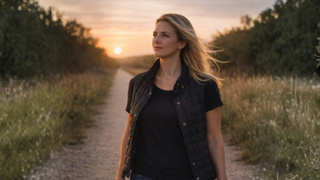 Femme avançant seule sur un chemin, symbole de reprise de confiance et de choix personnel