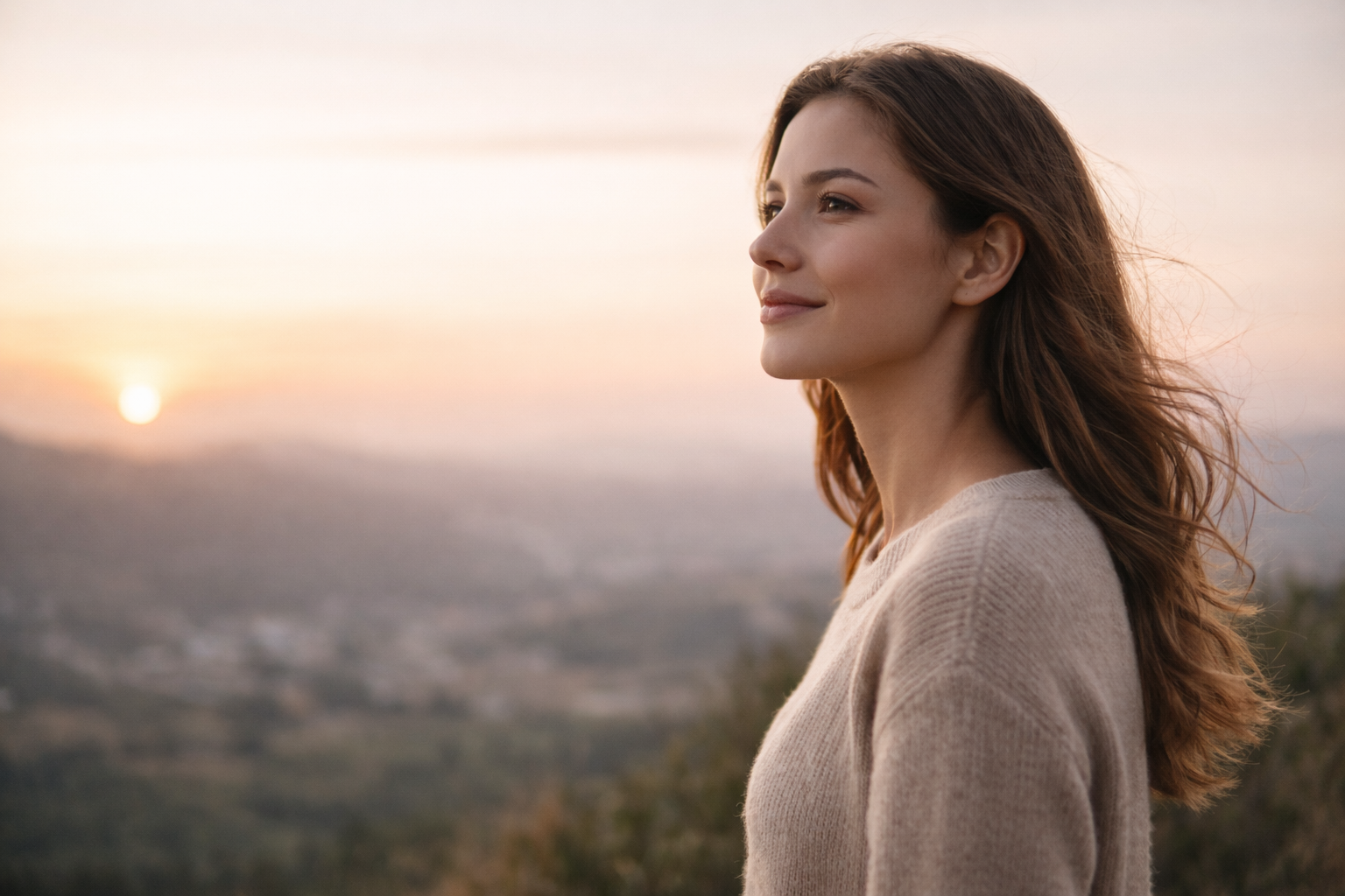 Femme sereine regardant vers l’avenir après une période d’incertitude