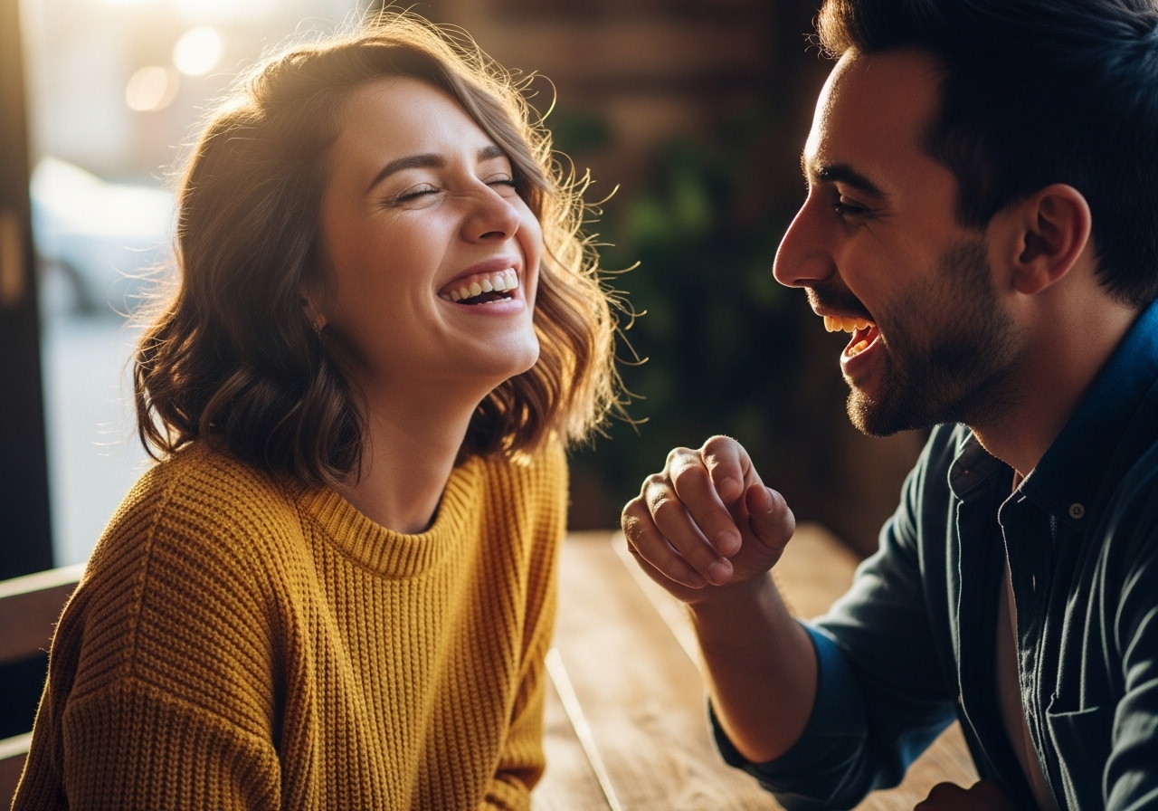 Rire complice entre deux personnes montrant une attirance réciproque