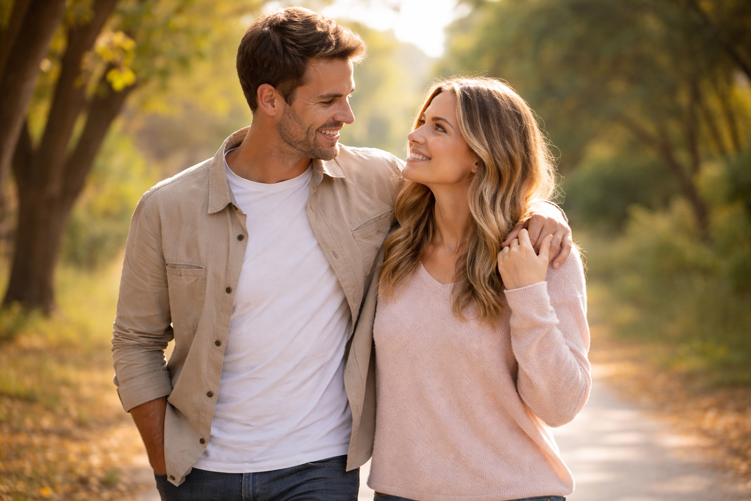 Couple marchant ensemble en toute confiance, illustrant un site de rencontre sécurisé et humain.