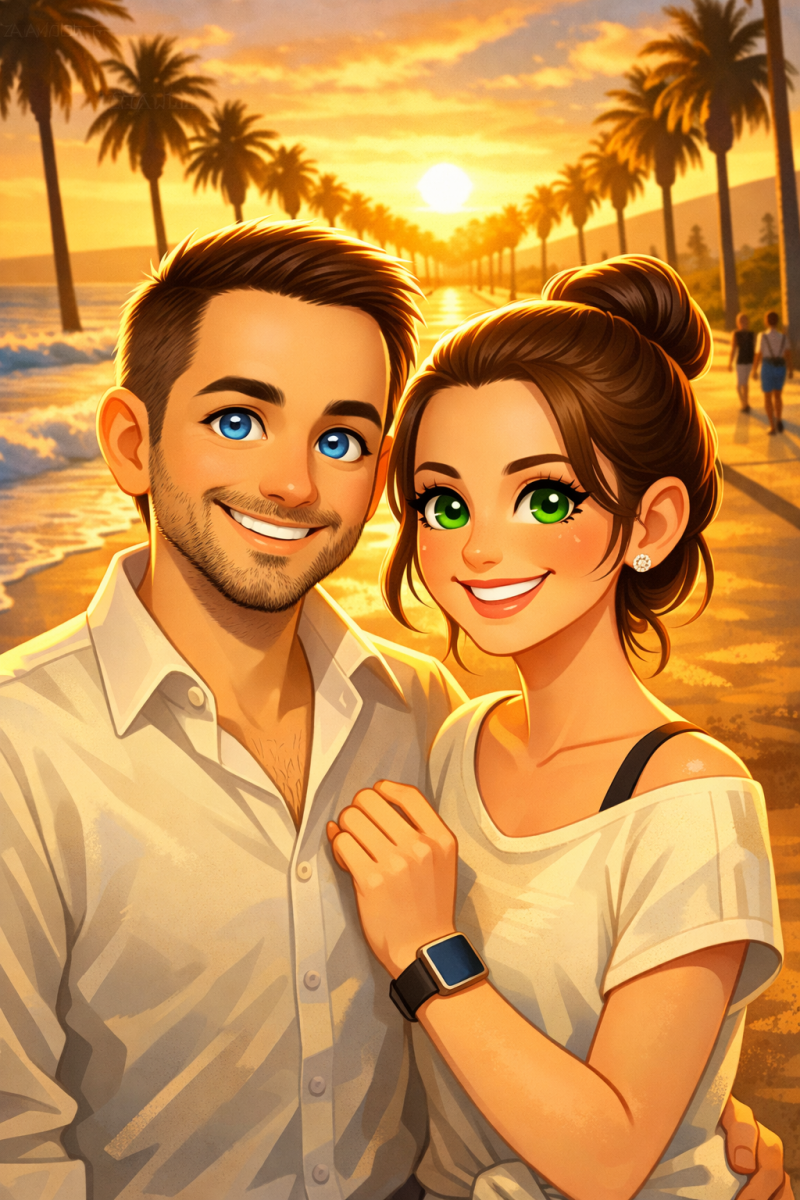 Pascal et Marie-Claude sur une plage bordée de palmiers en Californie, évoquant leurs voyages et souvenirs fondateurs de leur histoire d’amour.